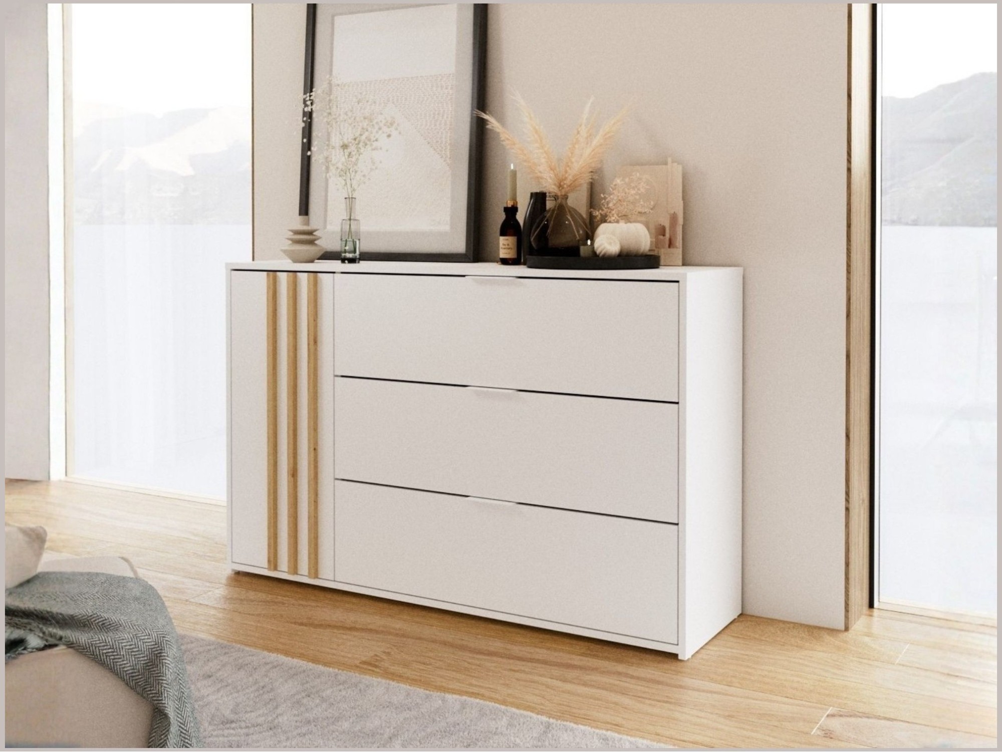 Commode FLORENCE – Wit en eiken – 1 deur + 3 laden – Soft Close – Hedendaags ontwerp