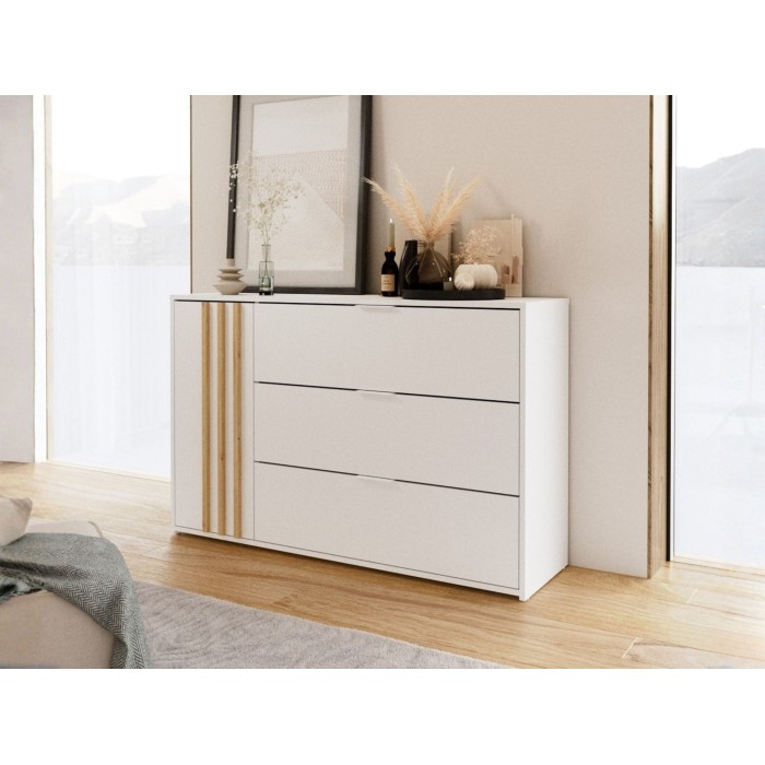 Commode FLORENCE – Wit en eiken – 1 deur + 3 laden – Soft Close – Hedendaags ontwerp