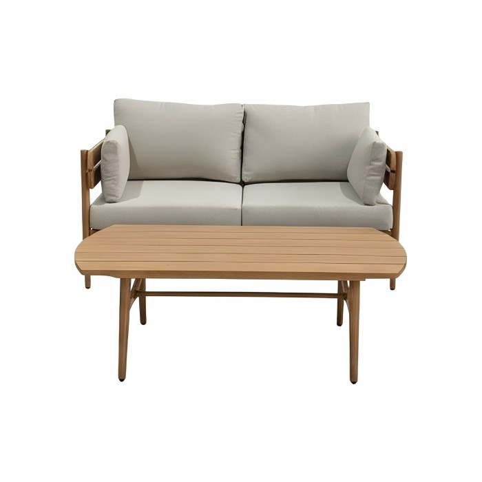 Set da giardino SELVANO 4 posti in alluminio effetto legno con cuscini beige e tavolino basso