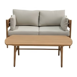 Set da giardino SELVANO 4 posti in alluminio effetto legno con cuscini beige e tavolino basso