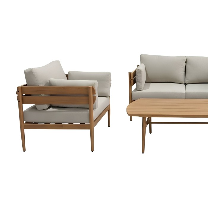 Set da giardino SELVANO 4 posti in alluminio effetto legno con cuscini beige e tavolino basso
