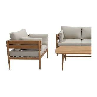 Set da giardino SELVANO 4 posti in alluminio effetto legno con cuscini beige e tavolino basso