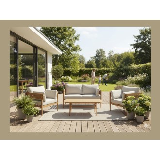 Set da giardino SELVANO 4 posti in alluminio effetto legno con cuscini beige e tavolino basso