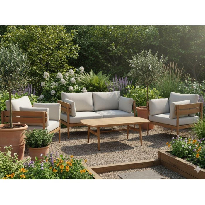 Set da giardino SELVANO 4 posti in alluminio effetto legno con cuscini beige e tavolino basso