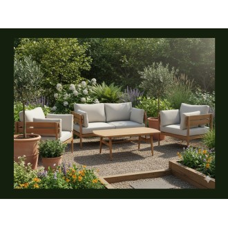 Set da giardino SELVANO 4 posti in alluminio effetto legno con cuscini beige e tavolino basso