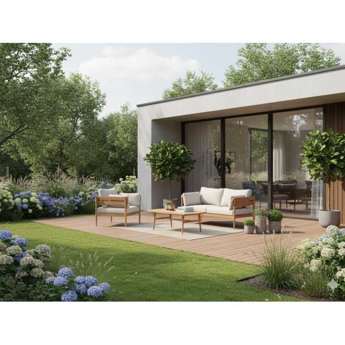 Set da giardino SELVANO 4 posti in alluminio effetto legno con cuscini beige e tavolino basso