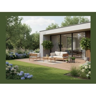 Set da giardino SELVANO 4 posti in alluminio effetto legno con cuscini beige e tavolino basso
