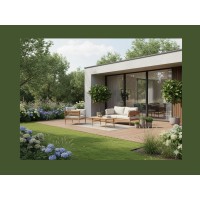 Set da giardino SELVANO 4 posti in alluminio effetto legno con cuscini beige e tavolino basso