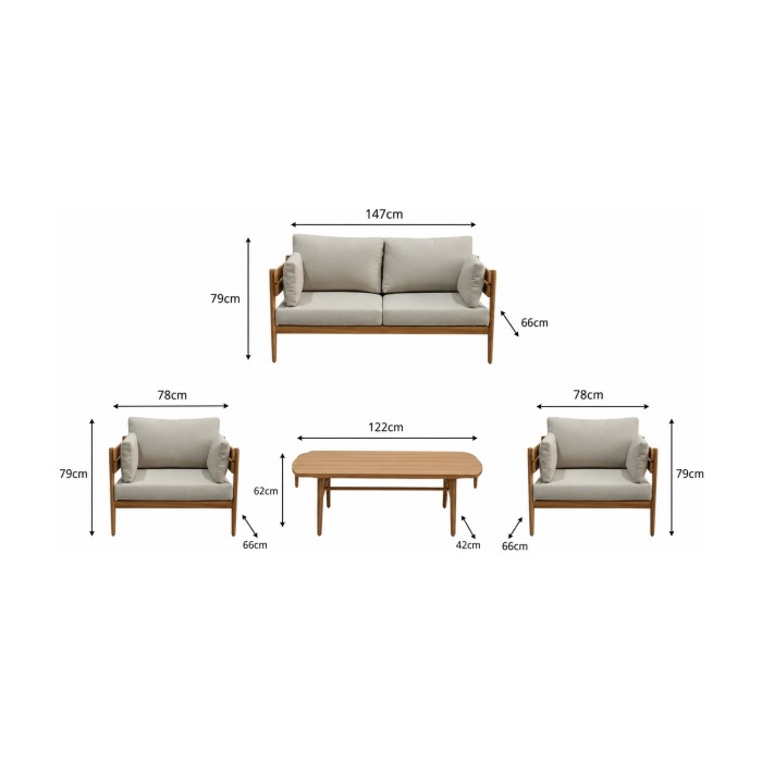 Set da giardino SELVANO 4 posti in alluminio effetto legno con cuscini beige e tavolino basso