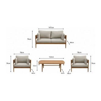 Set da giardino SELVANO 4 posti in alluminio effetto legno con cuscini beige e tavolino basso