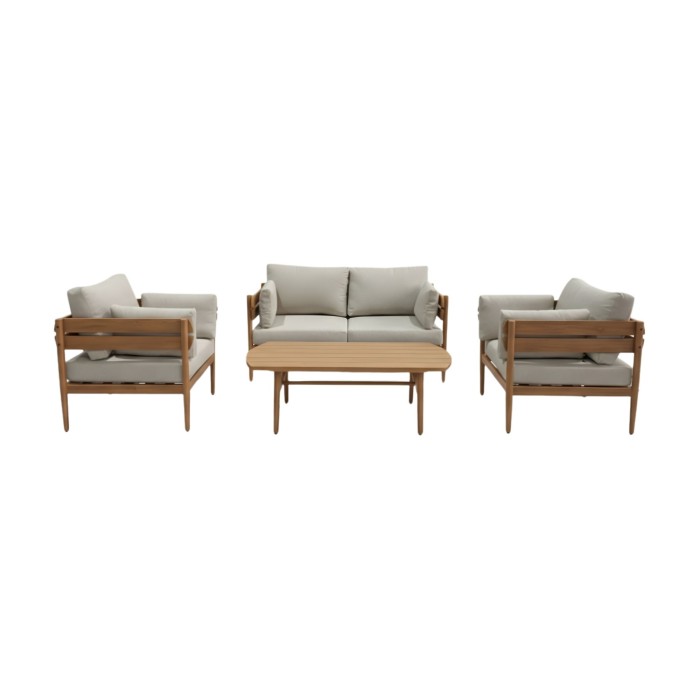 Set da giardino SELVANO 4 posti in alluminio effetto legno con cuscini beige e tavolino basso