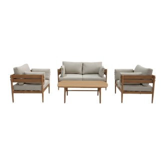 Set da giardino SELVANO 4 posti in alluminio effetto legno con cuscini beige e tavolino basso