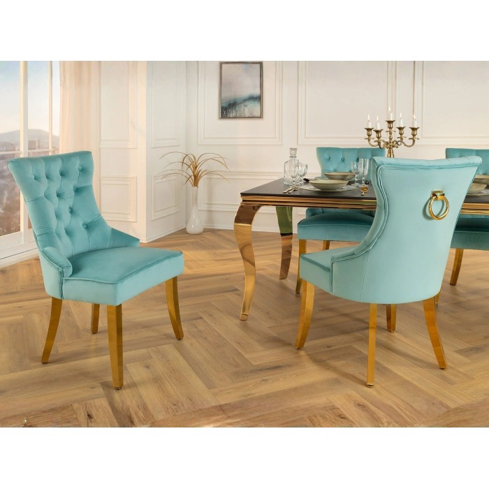 Lot de 2 chaises REGINA bleu turquoise en velours capitonné – Anneau et pieds dorés