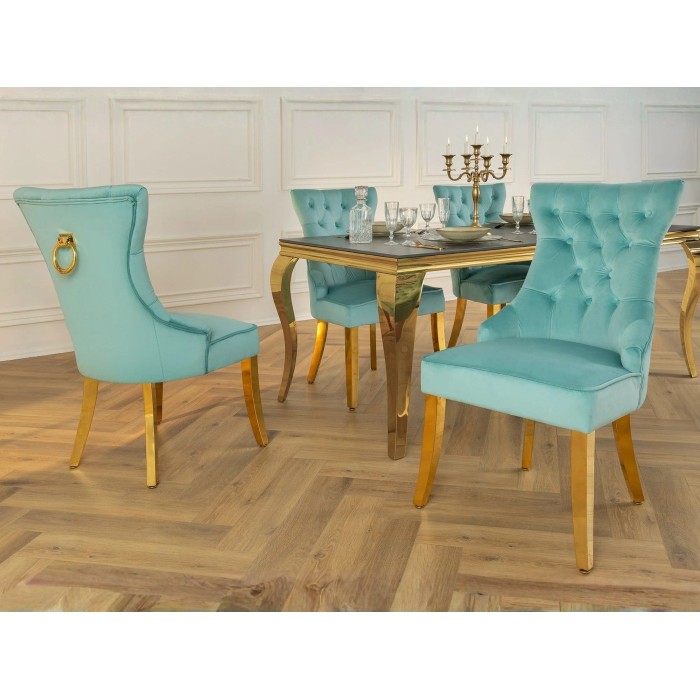 Lot de 2 chaises REGINA bleu turquoise en velours capitonné – Anneau et pieds dorés