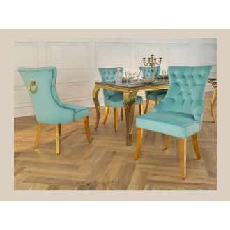 Chaise REGINA bleu turquoise et doré vue de dos