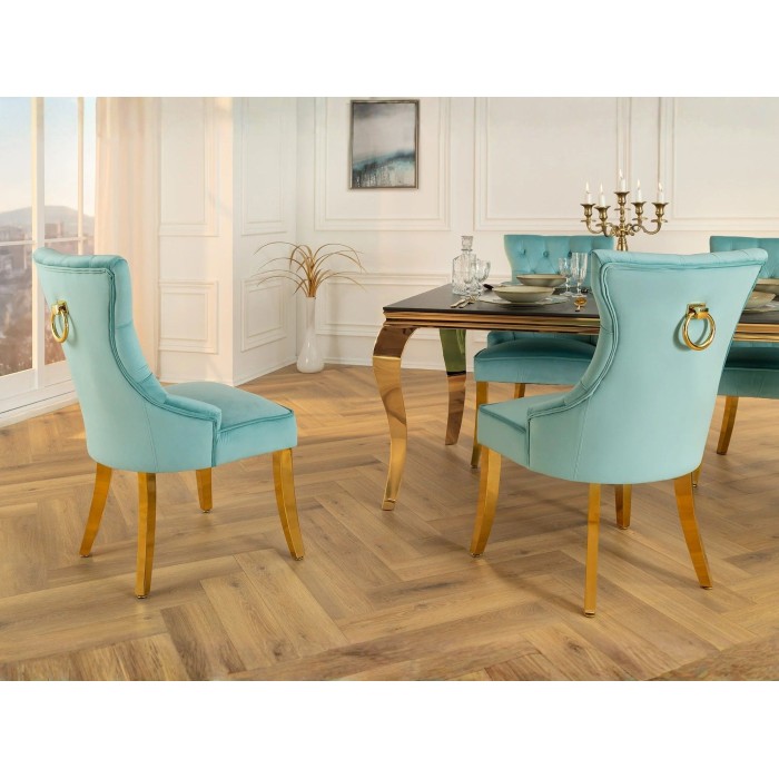 Lot de 2 chaises REGINA bleu turquoise en velours capitonné – Anneau et pieds dorés