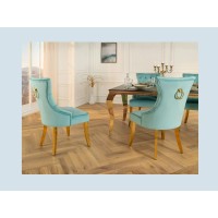 Chaise REGINA bleu turquoise et doré vue avec d'autres chaises de la collection