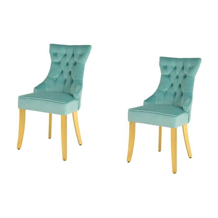 Lot de 2 chaises REGINA bleu turquoise en velours capitonné – Anneau et pieds dorés