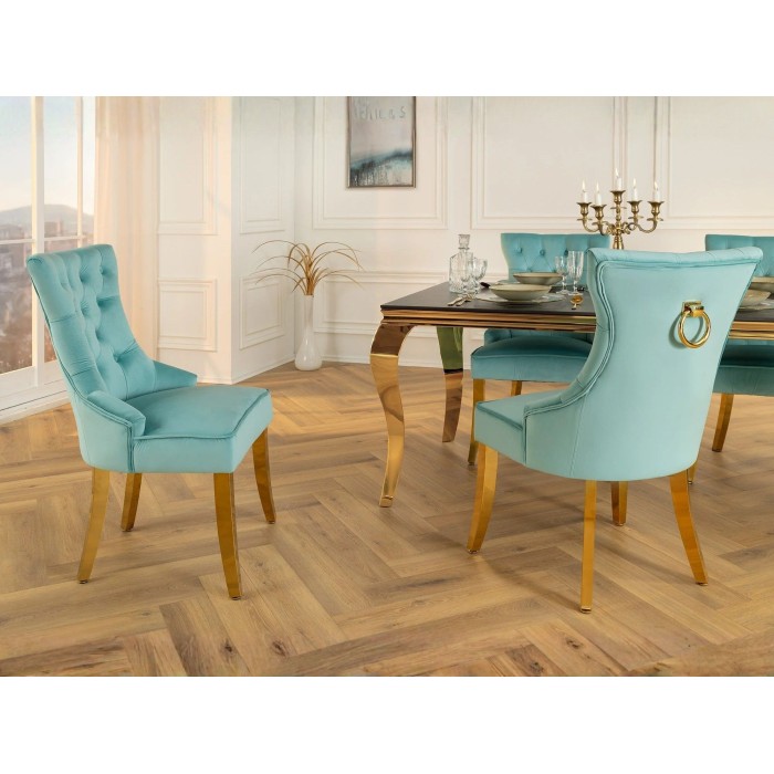 Chaise REGINA bleu turquoise et doré vue de côté