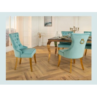 Lot de 2 chaises REGINA bleu turquoise en velours capitonné – Anneau et pieds dorés