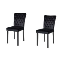 Lot de 2 chaises REGINA noires en velours capitonné – Clous argentés et pieds en bois d’hévéa