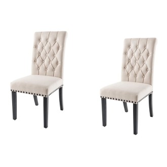 Lot de 2 chaises REGINA beige en velours capitonné – Clous noirs et pieds en bois d’hévéa foncé