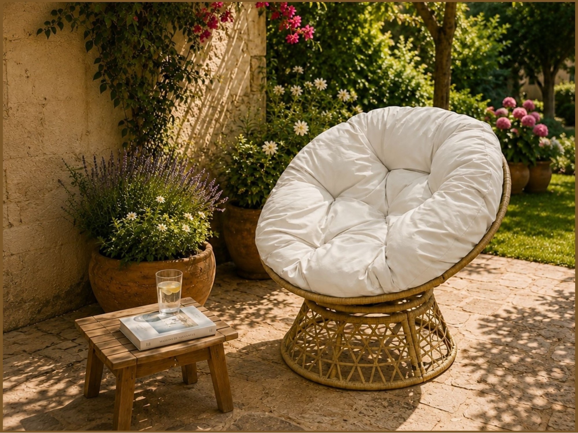 Tuinstoel van beige gevlochten hars met lichtgrijze kussen – 96x85x80 cm – Elegantie en comfort