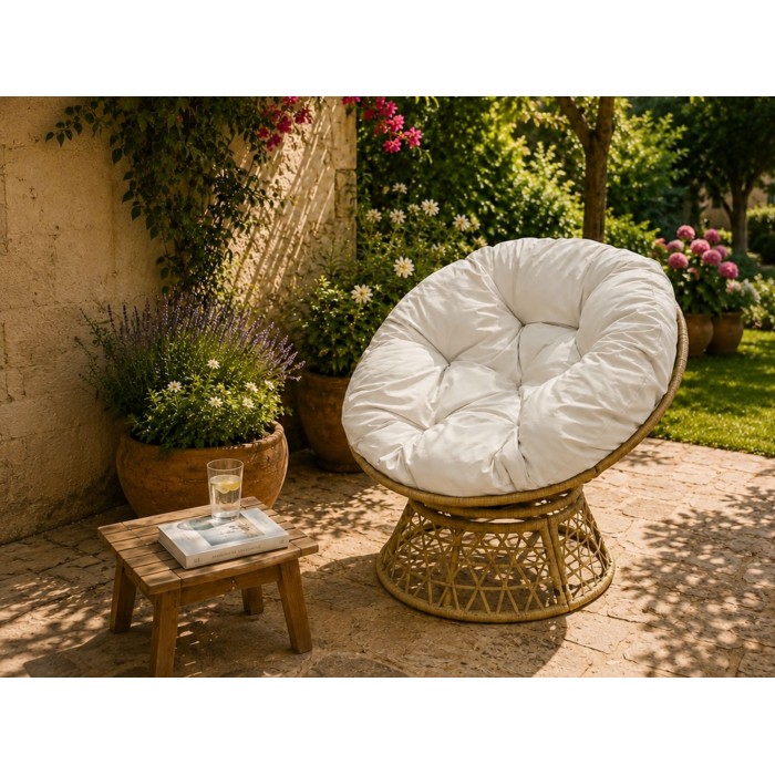 Fauteuil de jardin en résine tressée beige mis en situation