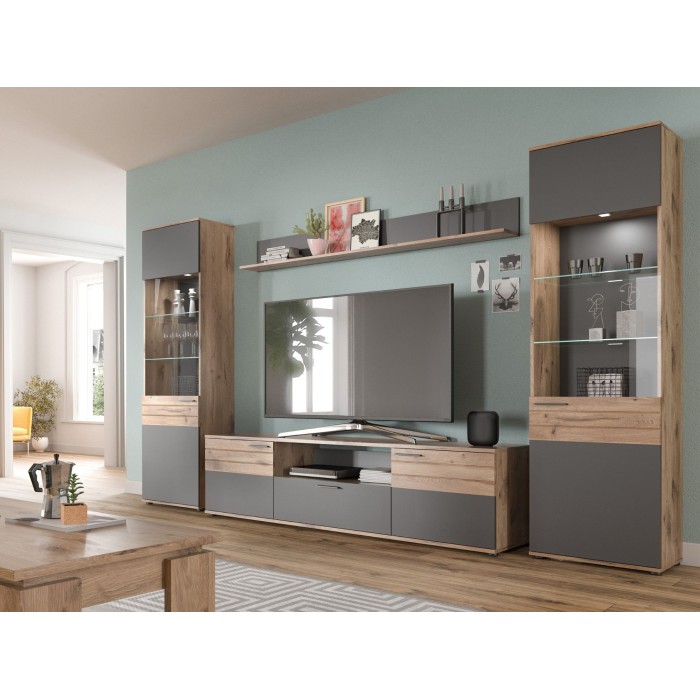 Mobile TV 2 ante e 1 cassetto – Grigio antracite e rovere chiaro – SELMA