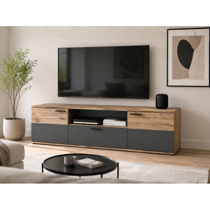 Mobile TV 2 ante e 1 cassetto – Grigio antracite e rovere chiaro – SELMA