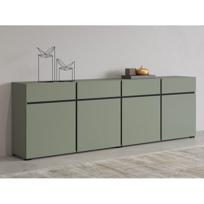 Buffet XL kleur saliegroen 225cm collectie HAVANA. Design dressoir met 4 deuren en 4 laden.