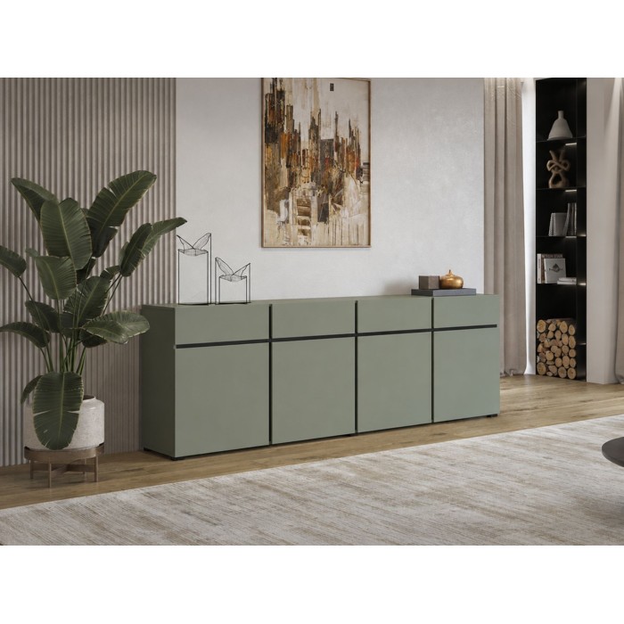 Buffet XL kleur saliegroen 225cm collectie HAVANA. Design dressoir met 4 deuren en 4 laden.