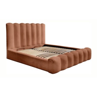 Bed met opbergruimte BADJA – Bouclé stof Terracota – 140x200 cm – Opklapbare lattenbodem – Luxe design