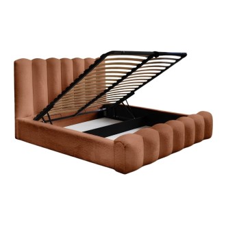 Lit coffre BADJA terracota 140x200cm vu de côté avec coffre ouvert