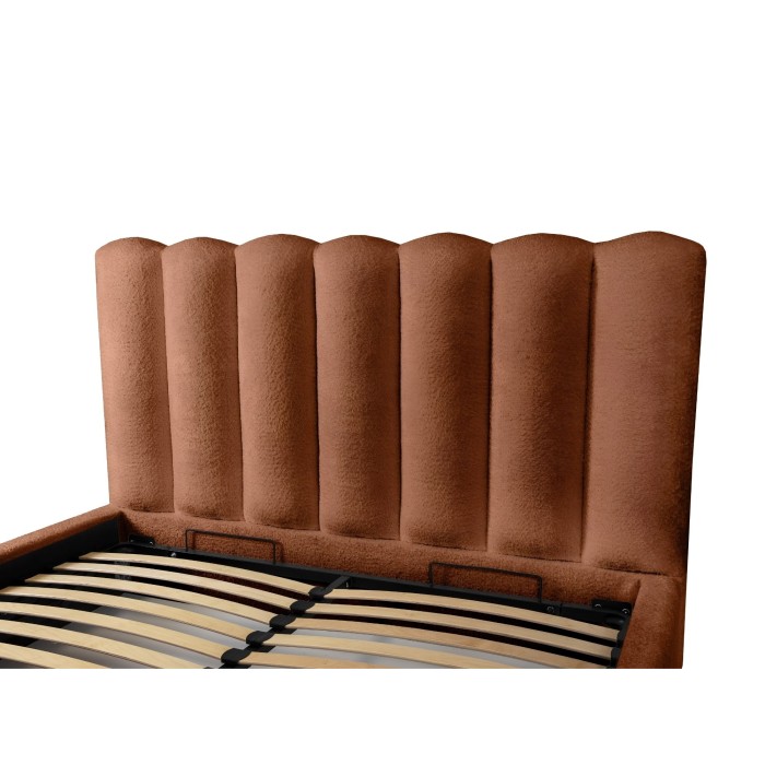 Bed met opbergruimte BADJA – Bouclé stof Terracota – 140x200 cm – Opklapbare lattenbodem – Luxe design