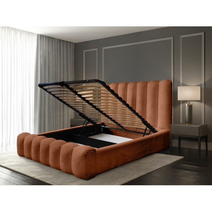Lit coffre BADJA terracota 140x200cm avec coffre ouvert en situation