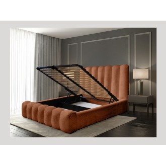 Bed met opbergruimte BADJA – Bouclé stof Terracota – 140x200 cm – Opklapbare lattenbodem – Luxe design
