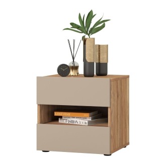Comodino VOX con 2 cassetti e uno scomparto, colore quercia e beige