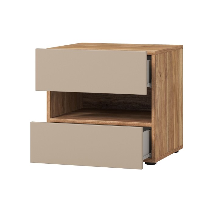 Comodino VOX con 2 cassetti e uno scomparto, colore quercia e beige