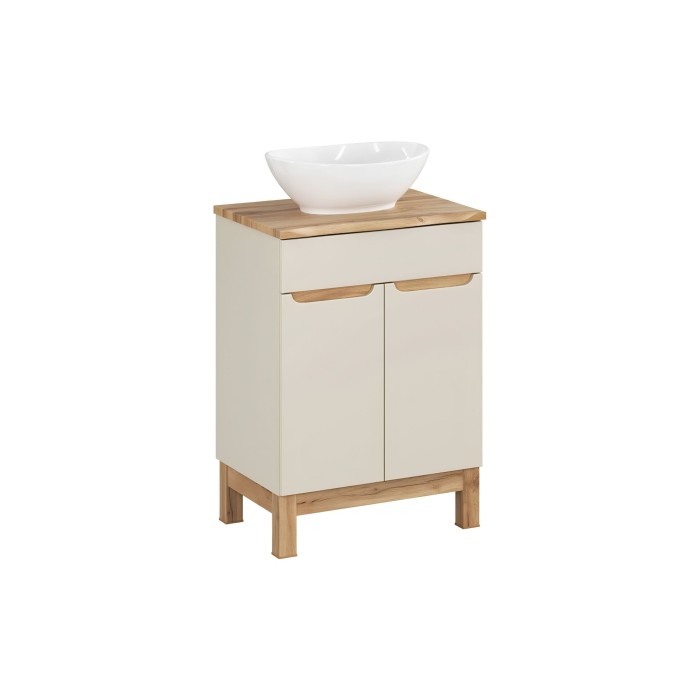 Insieme ERMANO cashmere 60cm: mobile sotto lavabo + piano per lavabo bisellato + lavabo da appoggio bianco