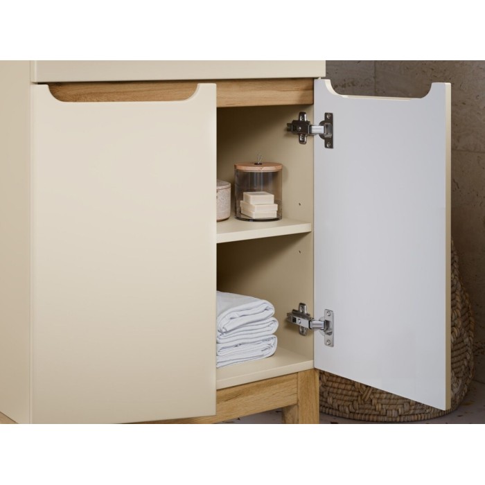 Insieme ERMANO cashmere 60cm: mobile sotto lavabo + piano per lavabo bisellato + lavabo da appoggio bianco