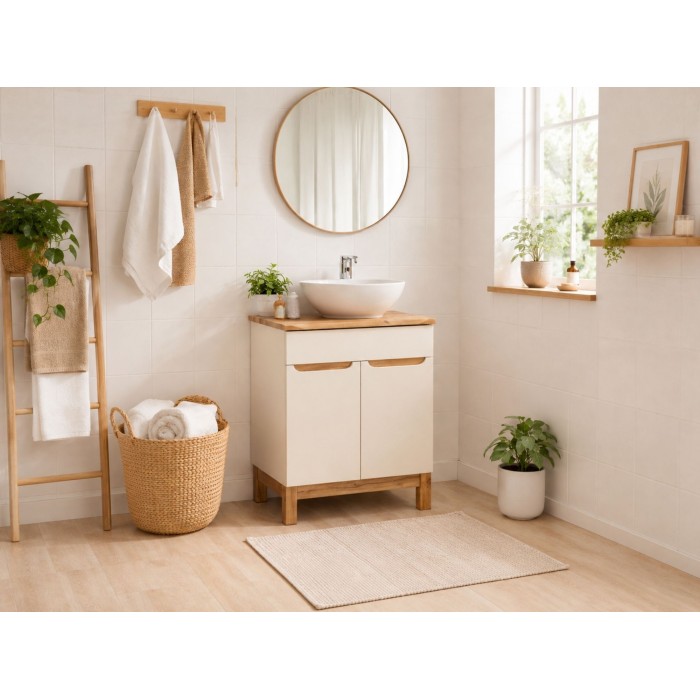 Insieme ERMANO cashmere 60cm: mobile sotto lavabo + piano per lavabo bisellato + lavabo da appoggio bianco