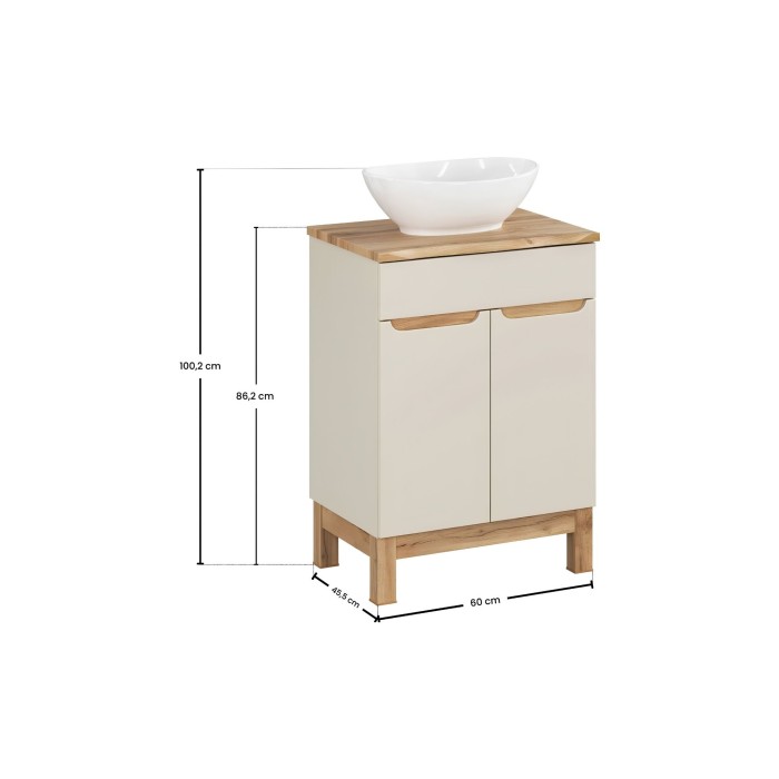 Insieme ERMANO cashmere 60cm: mobile sotto lavabo + piano per lavabo bisellato + lavabo da appoggio bianco