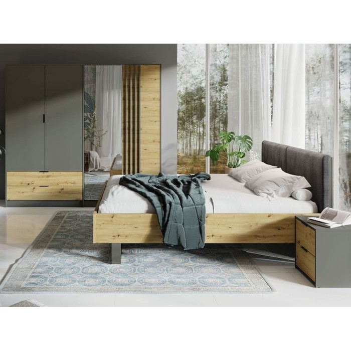 Erwachsenenbett Design 160x200 - Lattenrost inklusive - Kollektion IZO. Farbe Eiche und anthrazitgrau.