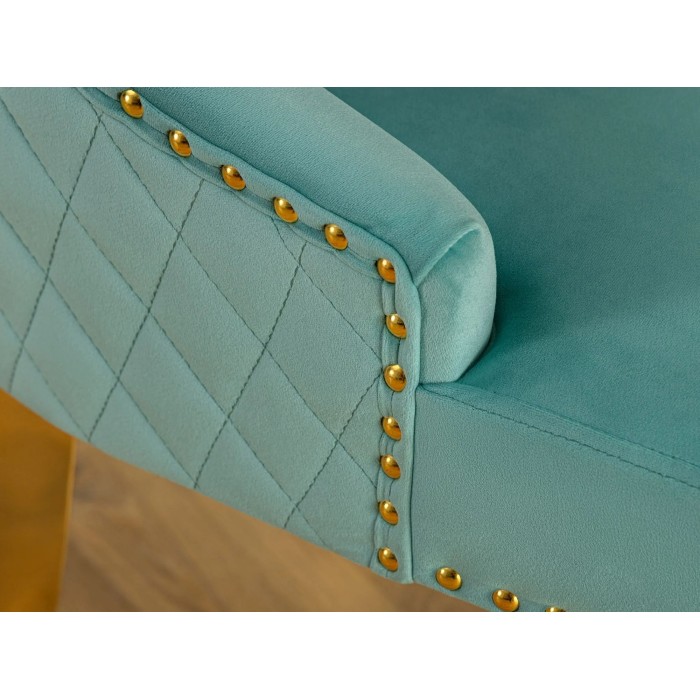 Zoom sur l'accoudoir de la chaise REGINA bleu turquoise et dorée avec tête de lion