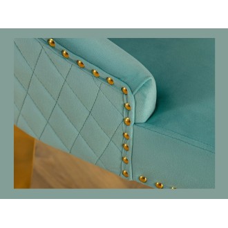 Zoom sur l'accoudoir de la chaise REGINA bleu turquoise et dorée avec tête de lion