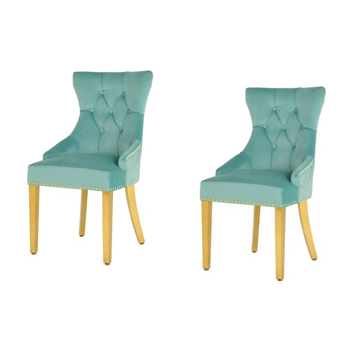 Lot de 2 chaises REGINA bleu turquoise et dorée avec tête de lion