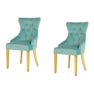 Lot de 2 chaises REGINA bleu turquoise en velours capitonné – Tête de lion et pieds dorés