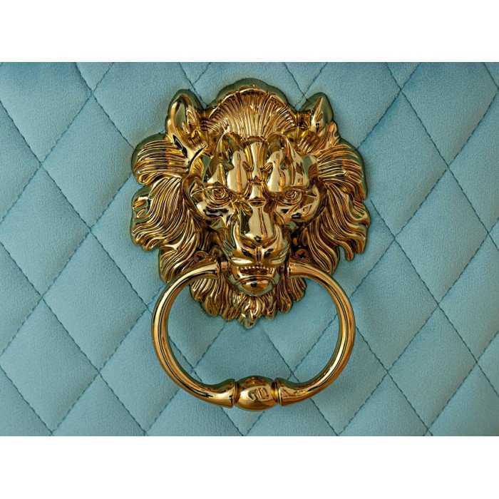 Lot de 2 chaises REGINA bleu turquoise en velours capitonné – Tête de lion et pieds dorés