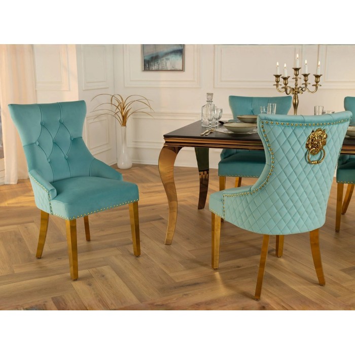 Lot de 2 chaises REGINA bleu turquoise en velours capitonné – Tête de lion et pieds dorés